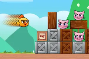 ヒヨコを飛ばしてブタを倒す砲台ゲーム【スリングショット・チキン】